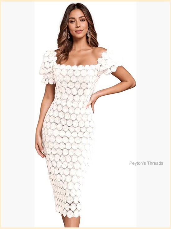 Dresses & Skirts - Romantic White Lace Midi Dress Bodycon Floral Sheer Wedding Guest Cocktail